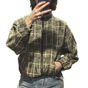 Out Brook Womens 100% Silk Zip Up Bomber Jacket Gold Black Funnel Neck Vintage L